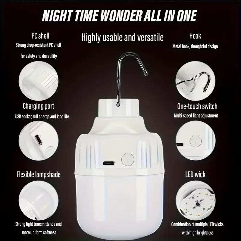 អំពូល LED ក្រៅផ្ទះដែលអាចសាកបានដោយ USB ពន្លឺខ្ពស់សម្រាប់ភ្ជាប់ជាមួយភ្លើងសង្គ្រោះបន្ទាន់សម្រាប់បោះតង់នេសាទ ចង្កៀងចល័តសម្រាប់ពេលយប់