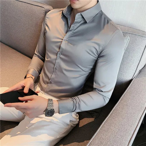 2026 New Men's Dark Green Slim-Fit Long Sleeve Shirt, Fashion Casual Business Top for Man in Black/White