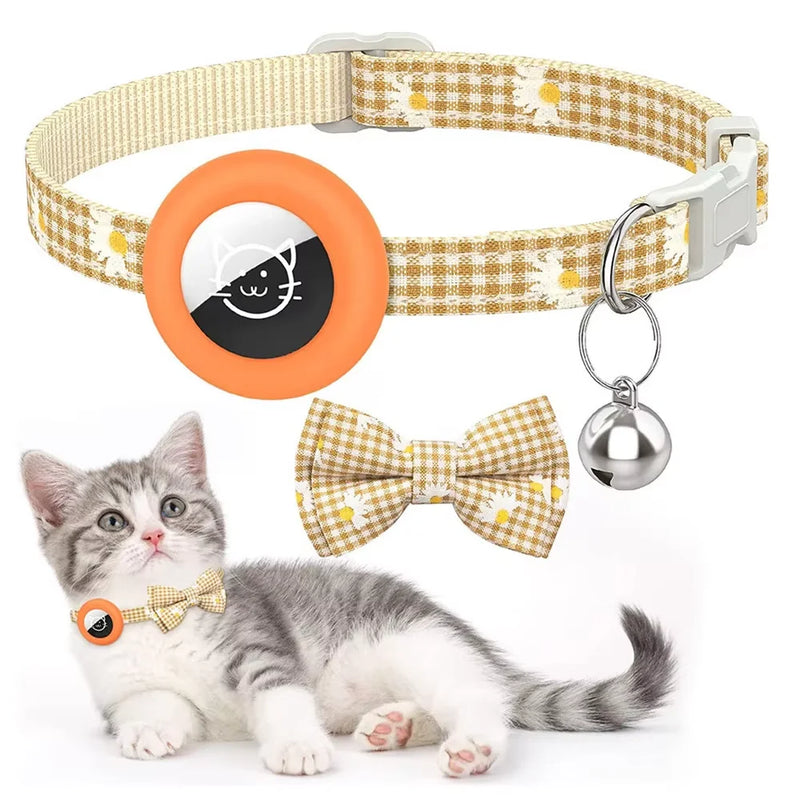 Breakaway Cat AirTag Holder Checkered Printed BowvCollar Adjustable Kitten Cat Collar with Bell Pet Air Tag Case