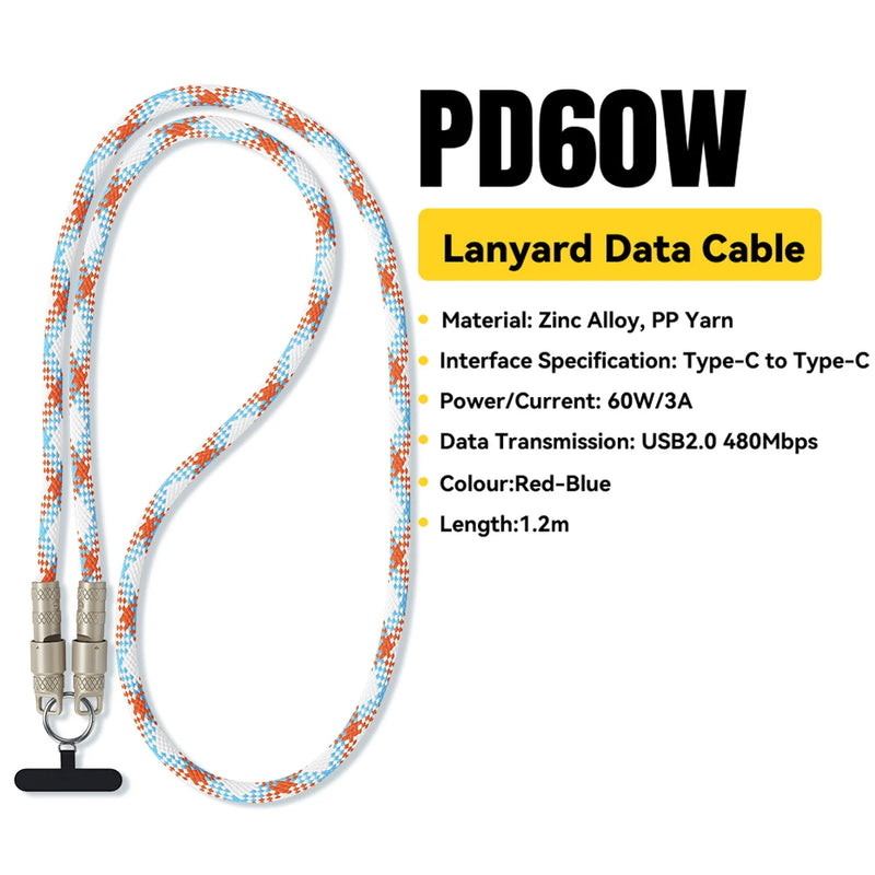 ខ្សែសាកទិន្នន័យ Essager 2 in 1 60W USB-C ទៅ Type-C Lanyard Data Cable 3A PD សាកលឿនសម្រាប់ iPhone 16 15 Samsung Huawei Laptop ខ្សែសាកប្រឆាំងការបាត់