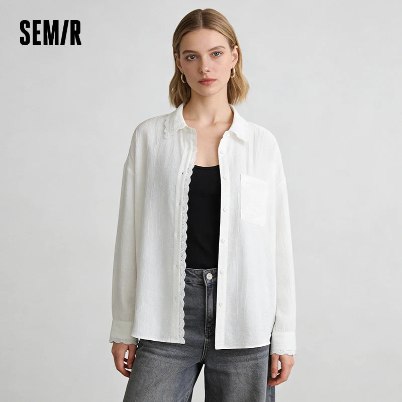 Semir Relaxed Shirt Women 2026 Spring Mid Length Linen Like Texture Oversize Lace Casual Comfortable Daily Wear Blouse