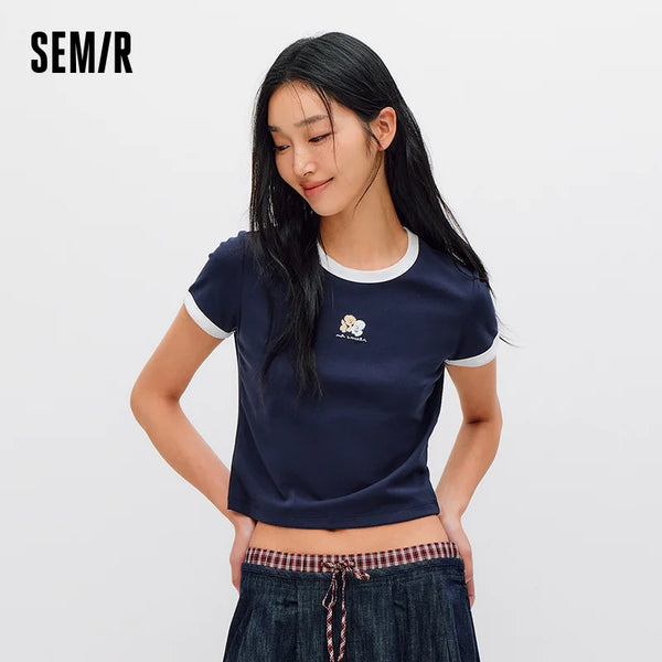 អាវយឺត Semir សម្រាប់នារី ដៃខ្លី ស្លីម ផ្ទុយពណ៌ រដូវក្តៅ ឆ្នាំ២០២៦ អាវយឺតធម្មតា បោះពុម្ពក្រាហ្វិក ម៉ូដប្រចាំថ្ងៃ