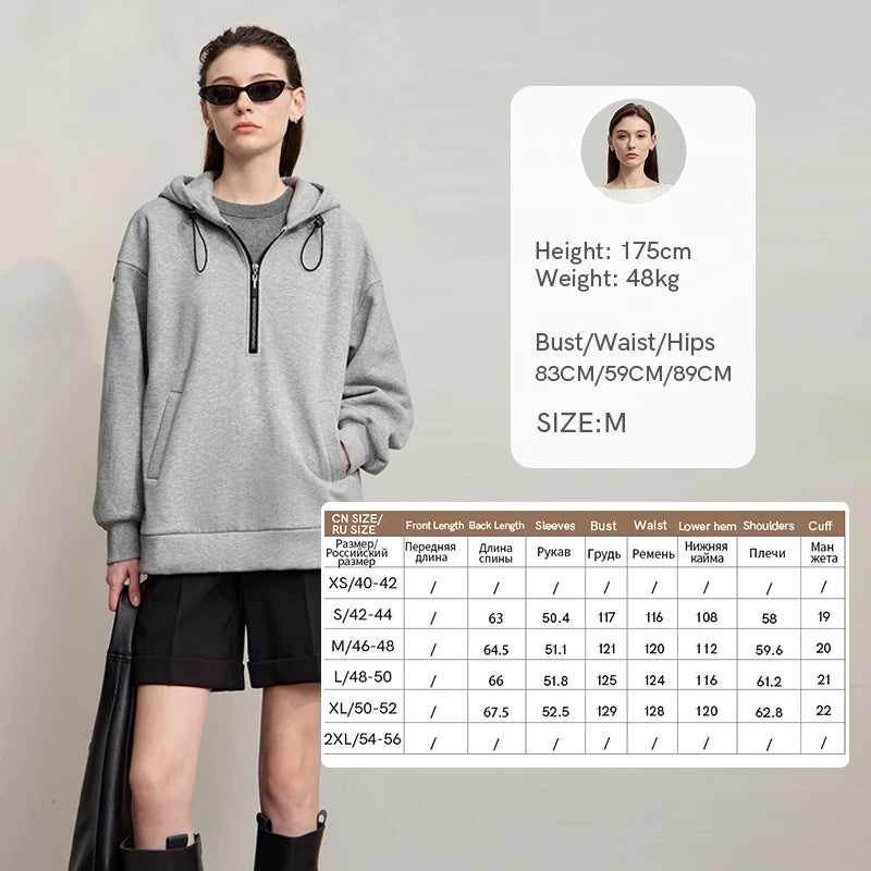 AMII Hoodies Woman 2026 Winter New Casual Hooded Zipper Semi-open Woman Sweatshirts Long Sleeve Loose Cotton Top Female 12544110