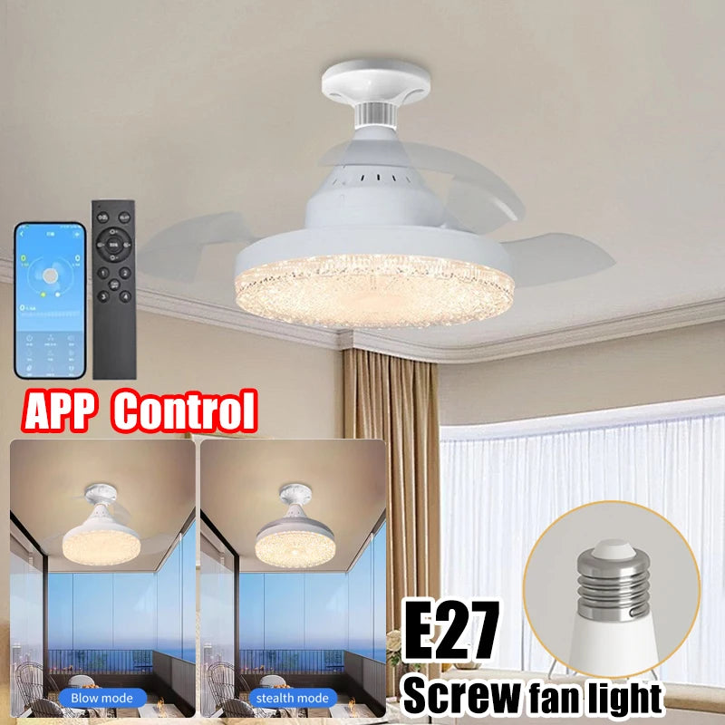 Ceiling Fan Light Crystal Lampshade Retractable Blades Fans APP and Remote Control Fans Light Modern and Simple Bedroom Lighting