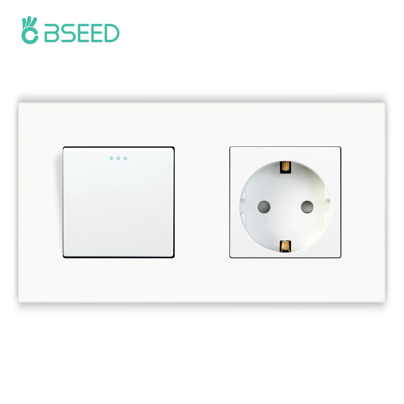 BSEED EU Mechanical Wall Light Switch With Wall Socket 1/2/3Gang 1Way Plastic Panel Double Sockets Triple Power Outlets 250V