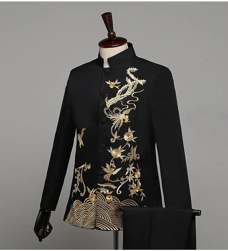 Chinese-style Men's Two-piece Suit Set Featuring A Jacket with Gold Embroidery and Matching Pants, Available in Red,White,Black.