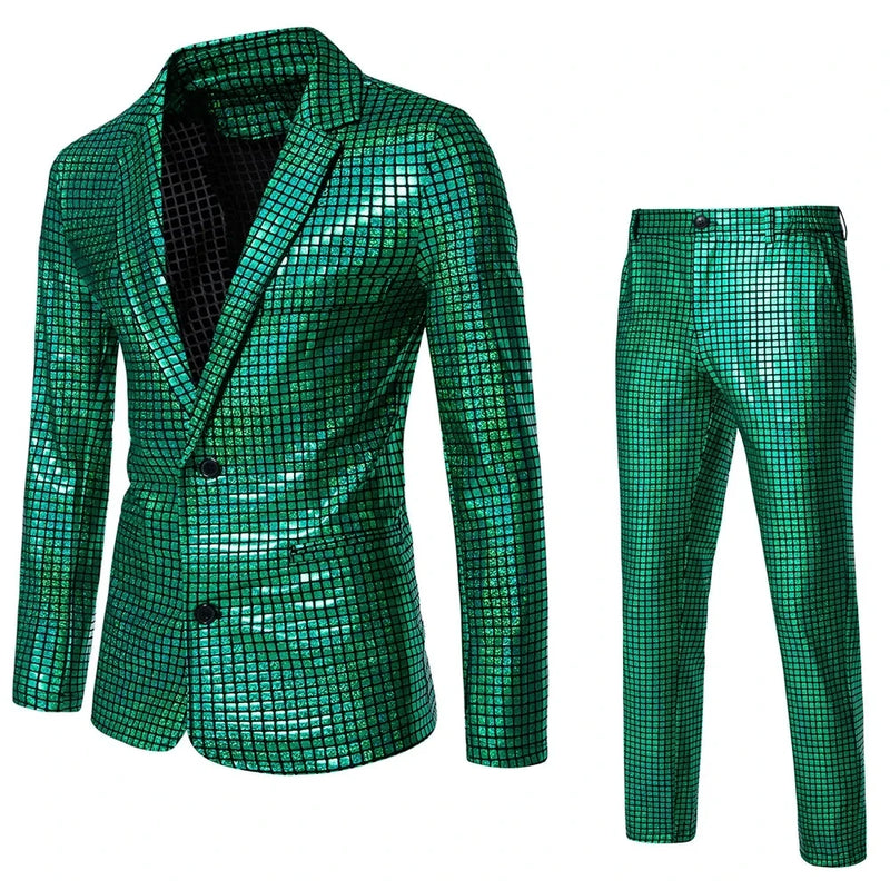 2026 Rainbow Color Men's Striped Suit Two-Piece, Fashion Suit Jacket and Pants, Green Silver Sets (Light Thin Stretch Fabrics)