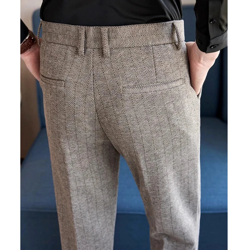 2026 Men's Black Herringbone Pants, Winter Fashion Slim Trousers, Gray, Brown, Coffee, Apricot, Green To Choose From,Asian Size