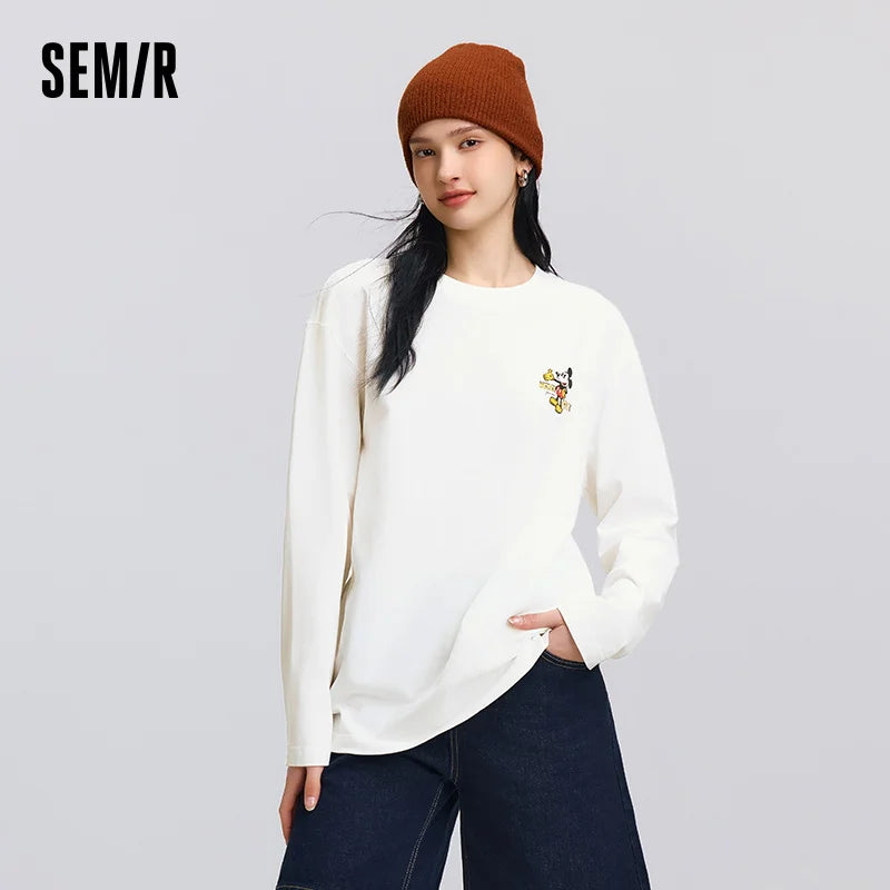 Semir Cotton Tshirt Printed Long Sleeve Women 2025 Spring Loose Fit Basic Daily Casual Fashion Comfortable Pullover Top