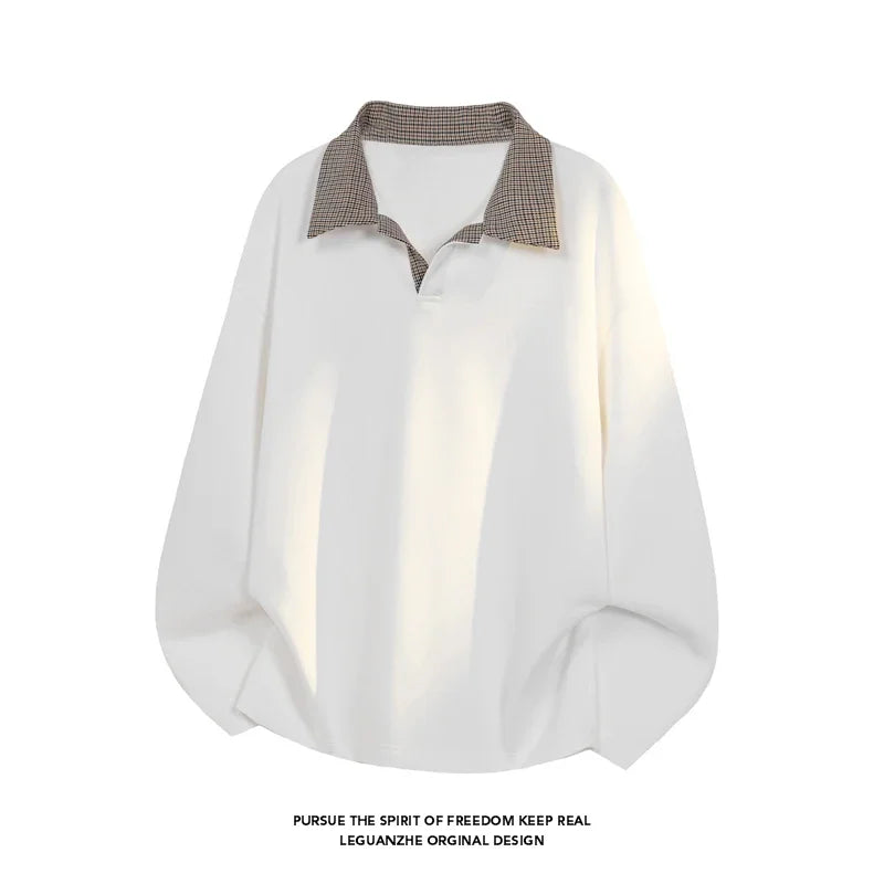 Male Loose Fit Knit Long Sleeve Polo Top Contrast Plaid Collar Airy Fabric For Office Commute And Leisure Occasions