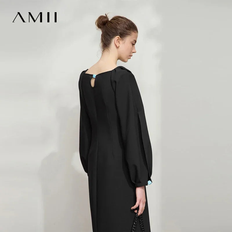 Amii Minimalist Womens Dresses 2026 Autumn New Round Neck Lantern Sleeve Solid Elegant Slim Thin Commute Dresses 12511008
