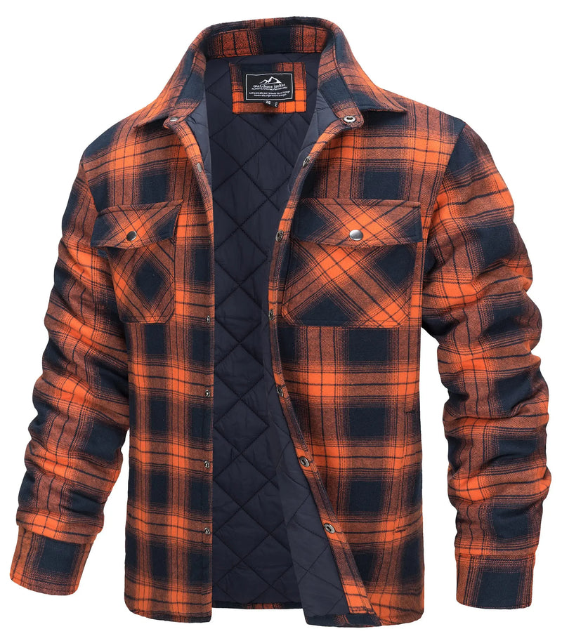 TACVASEN Winter Plaid Cotton Jackets Mens Long Sleeve Quilted Lined Flannel Shirt Jacket Multi-Pockets Outwear Hiking Coats Tops