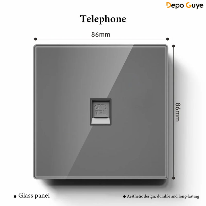 Grey Tempered Glass UK Standard 13A Wall Switch Socket with LED USB Type-C TV CAT6 Data Outlet British Electrical Wall Panel