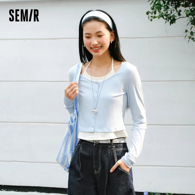Semir Women Tshirt 2026 Spring Short Halter Neck Slim Fake Two Piece Elegant Trendy Long Sleeve Fashion Tops