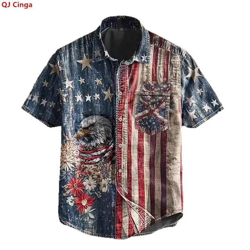 European and American Retro-Style Men's Short-Sleeve Printed Shirts, Summer Single-Breasted Collared Shirt, Sizes S–XXXL.