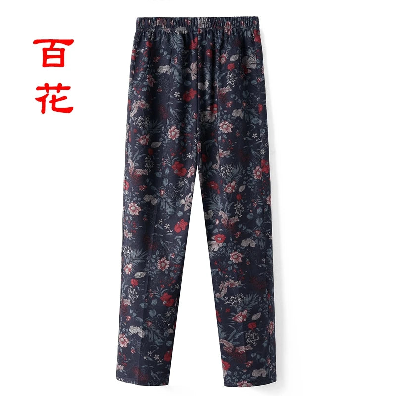 ខោស្ត្រីវ័យកណ្តាលទំហំ ៨XL ៩XL បោះពុម្ពថ្មី ចង្កេះខ្ពស់ ខោធម្មតា ខោនិទាឃរដូវ និងរដូវស្លឹកឈើជ្រុះ ខោត្រង់ ទំហំធំ យាយប៉ា