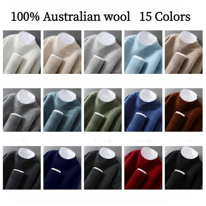 100% Australian Wool Men's New Half Turtleneck Sweater, Flat Seven-Needle Thickened Saddle Shoulder Half High Pullover