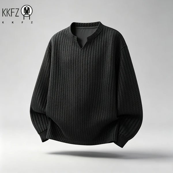 Men Casual Textured Knit Long Sleeve Tee V Notch Collar Vertical Stripe Oversized Fit Male Streetwear Top
