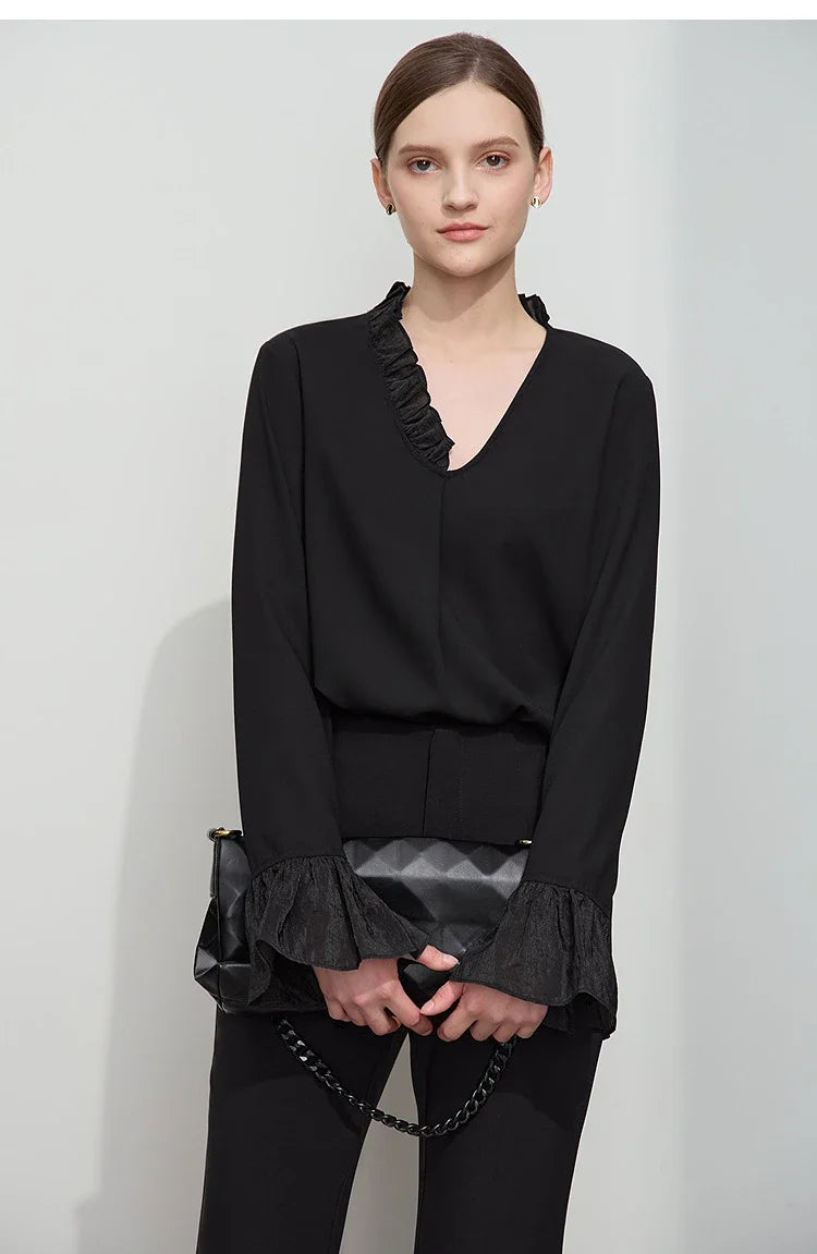 អាវ AMII Minimalist Chiffon សម្រាប់ស្ត្រី រដូវស្លឹកឈើជ្រុះឆ្នាំ ២០២៥ អាវការិយាល័យថ្មី V-neck Ruffle Splicing អាវដៃវែងរលុង 12511078