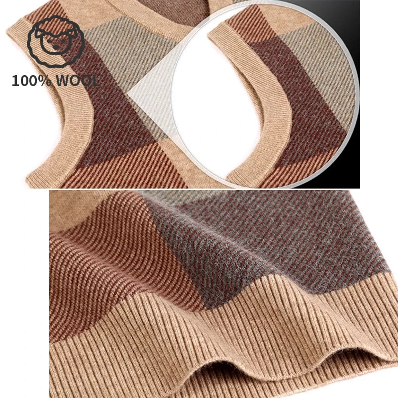 100% Wool Men's V-neck Vest, Warm for Spring and Autumn, Daily Versatile Pullover Vest.Stretchable M-4XL