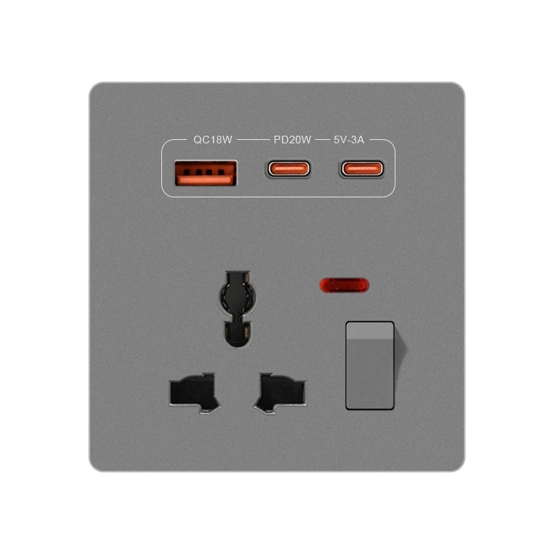 Universal 3/5Pin Smart Socket With 20W Fast Charging Type-C Port,UK Plastic Electrical Wall Double USB Power Outlet AC 110V-250V