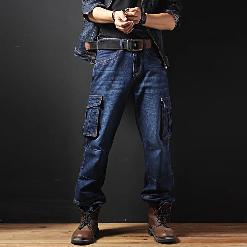 Men's Workwear-Style Blue Jeans, High-Quality Loose-Fit Denim Pants, Asian Sizes 30–42.