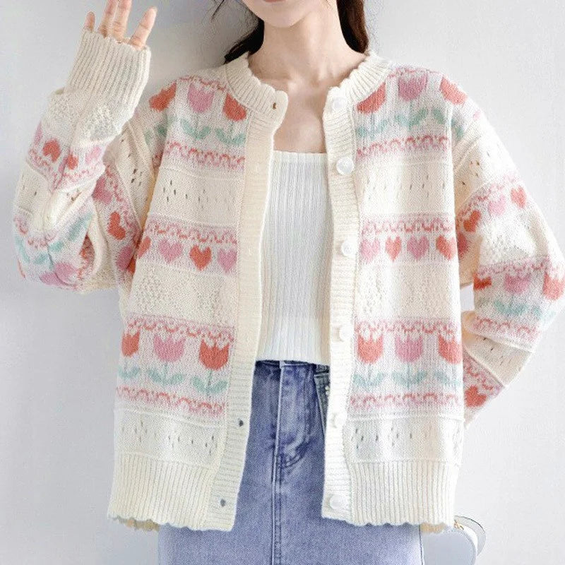 Fashion Printed Tops Sweater Women 2026 Outerwears Spring Autumn Warm Knitted Jacket Long Sleeve Women's Cardigans Coat