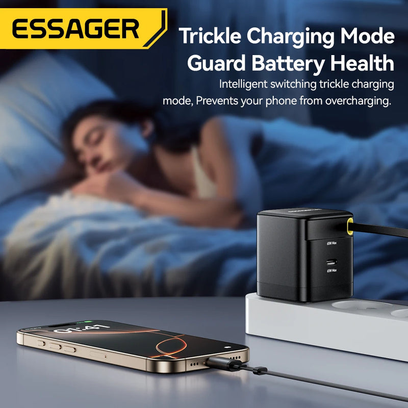 ឆ្នាំងសាក Essager 65W GaN ជាមួយខ្សែរ PD សាកថ្មលឿនសម្រាប់កុំព្យូទ័រយួរដៃ Macbook iPhone 16 15 14 Xiaomi Type-C ឆ្នាំងសាកទូរស័ព្ទ