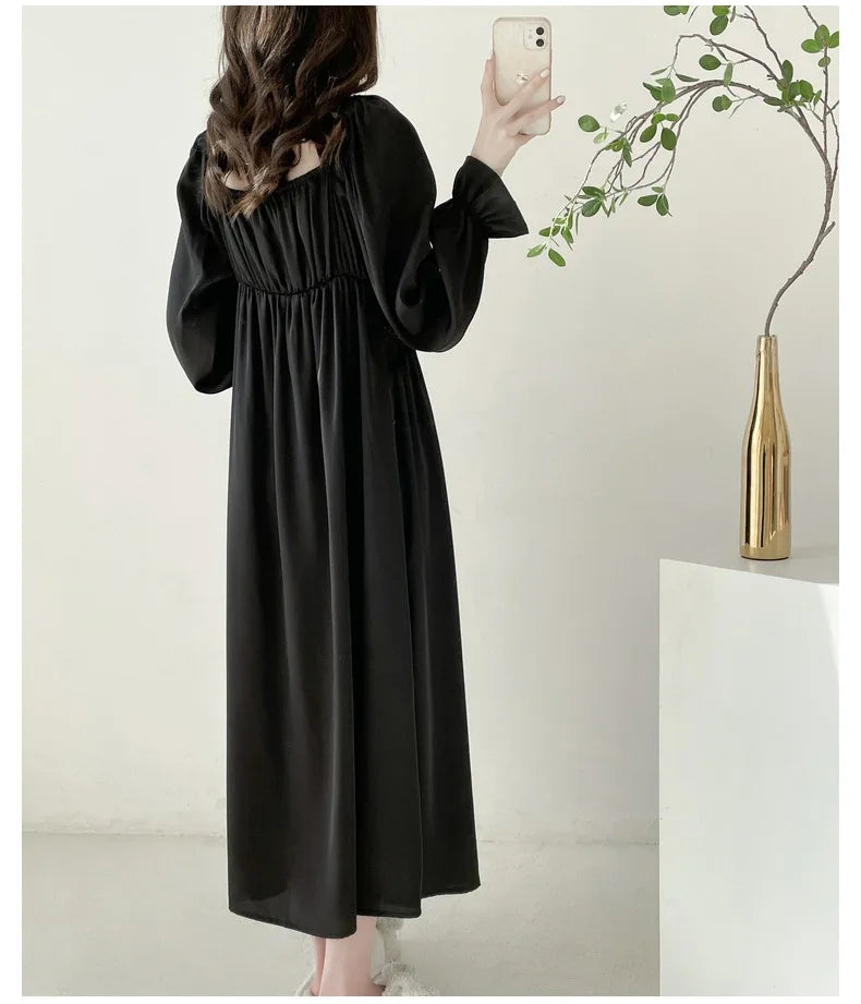 Ins Sweet Princess Nightdress Long Sleeve Spring Summer Dress Silk Satin Lace Night Wears For Women Slim Sleepwear Nightgowns