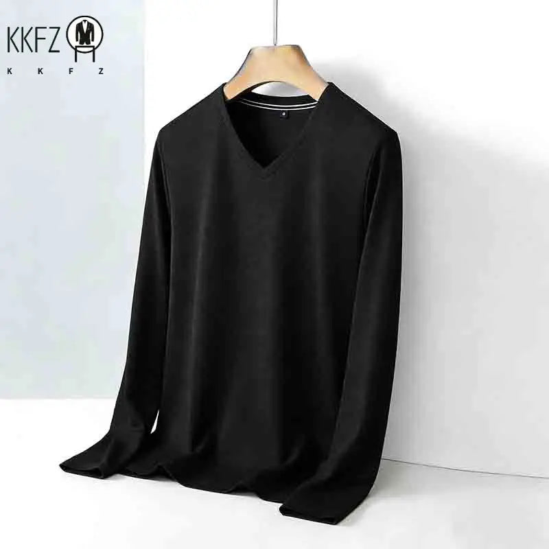 2026 New Men's Brown V-neck Long Sleeve Shirt Casual Business Commute Top for Office