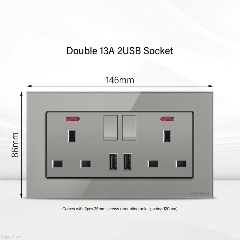 Grey UK 13A Tempered Glass USB Type C 18W Quick Charge Socket,Dual Universal Power Outlet,Home Light Electric Switch Panel