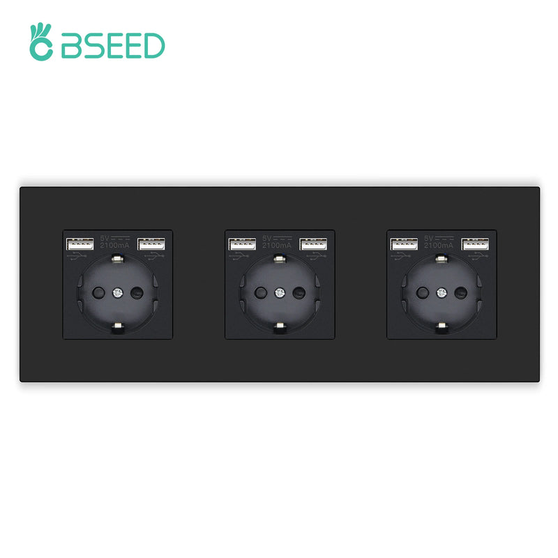 BSEED EU Button Switches With Power Socket 1/2/3Gang 1Way Electrical Outlets With USB Type-C Wall Socket 16A Plastic Panel