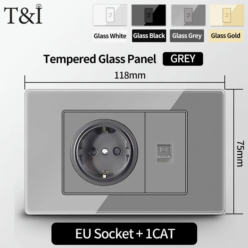 T&I Wall Switch Sockets With USB TypeC  Fast Charging, Italy Socket , Chile Schuko Outlet, Tempered Glass Panel for Home