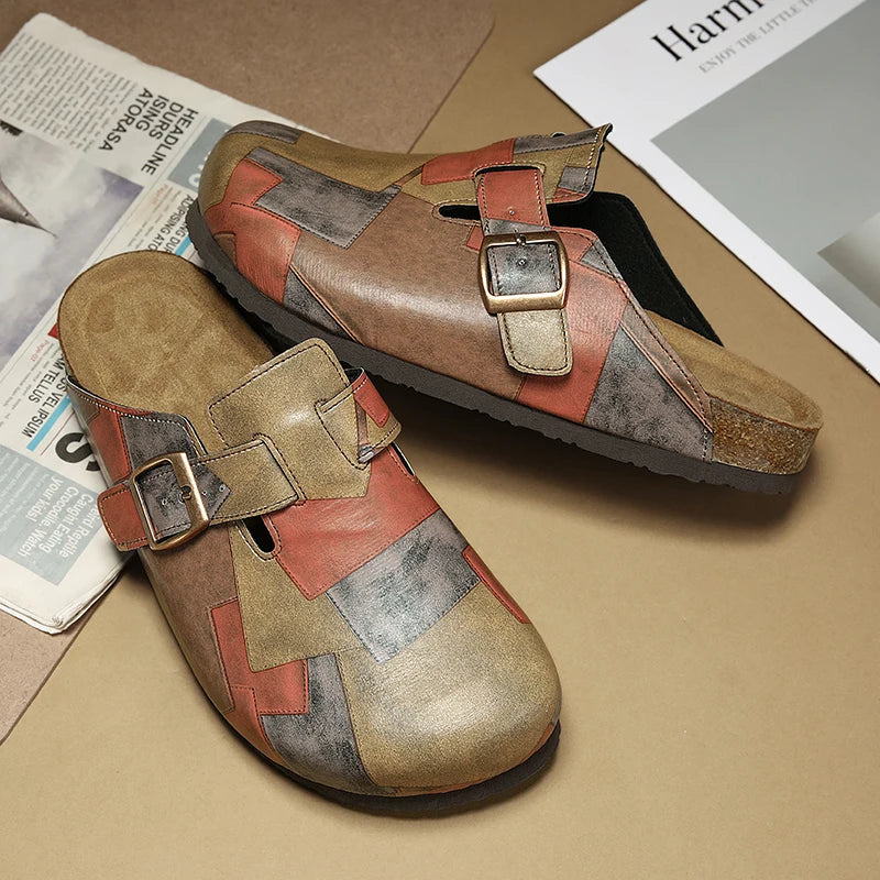 Unisex Cork Closed Toe Slippers Slip-on Clogs Slides Fashion Leather Sandals with Adjustable Buckle Backless Comfort Footbed
