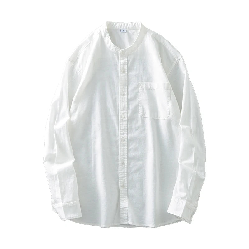DUKEEN Men's White Band Collar Cotton Linen Blend Long Sleeve Shirt Autumn Casual Breathable Basic High-Quality Men's Clothing