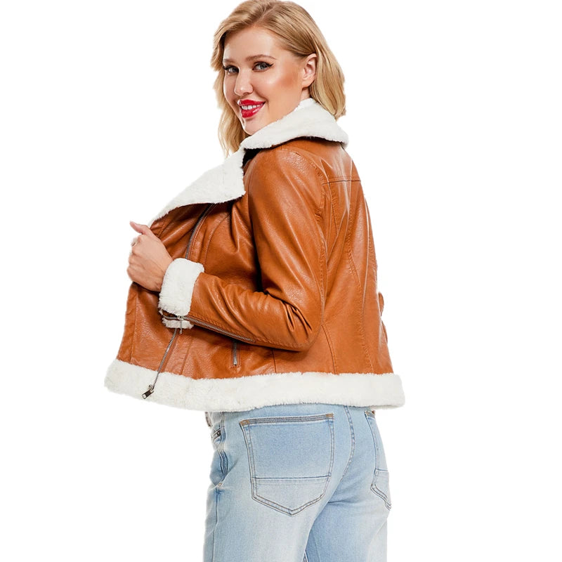 2026 Winter Women Yellow PU Leather Jacket, Black Slim-Fit Fleece Lined Faux Leather Coat, Thicken Warm Moto Biker Jacket Mujer.