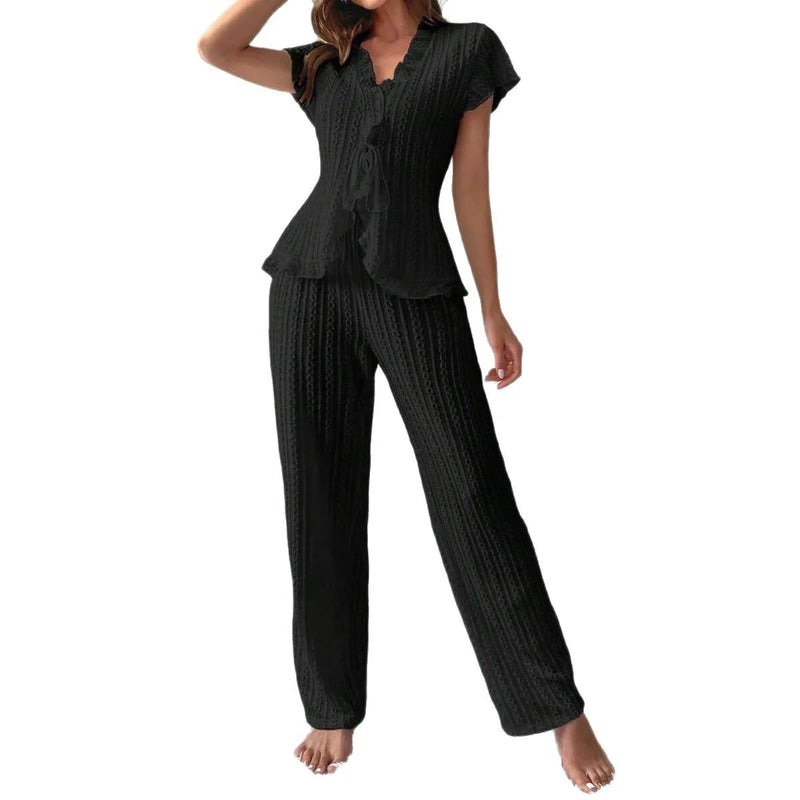 Hot Sale Short Sleeve Ruffle Cardigan Trousers Sets Women's Pajamas Sleepwear Home Wear Clothes Casual Sleeping Pyjamas Femmes