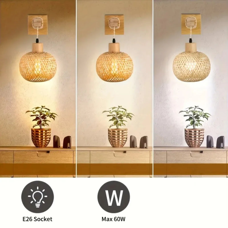 Plug-In Wall Sconce, Handcrafted Bamboo Rattan Light, Rustic Farmhouse Boho Wall Lamp for Bedroom Living Room Commercial