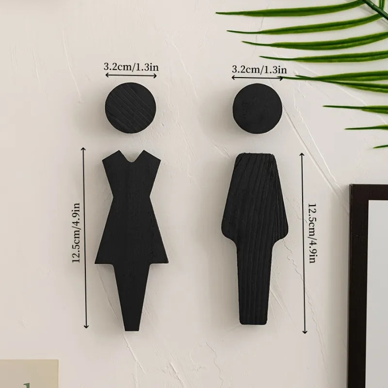 2Pcs Elegant Black Solid Wood Bathroom Sign-Stylish Restroom Decor with Floral Accents,Wall-Mounted for Men'S and Women'S Toilet