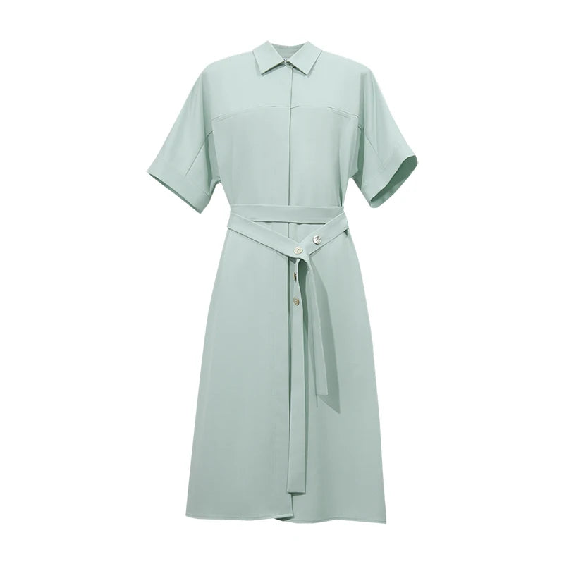 Amii Women's Casual Dresses 2026 Summer New Lapel Collar Dolman Sleeve With Belted Loose Office Shift Dress For Women 12642200