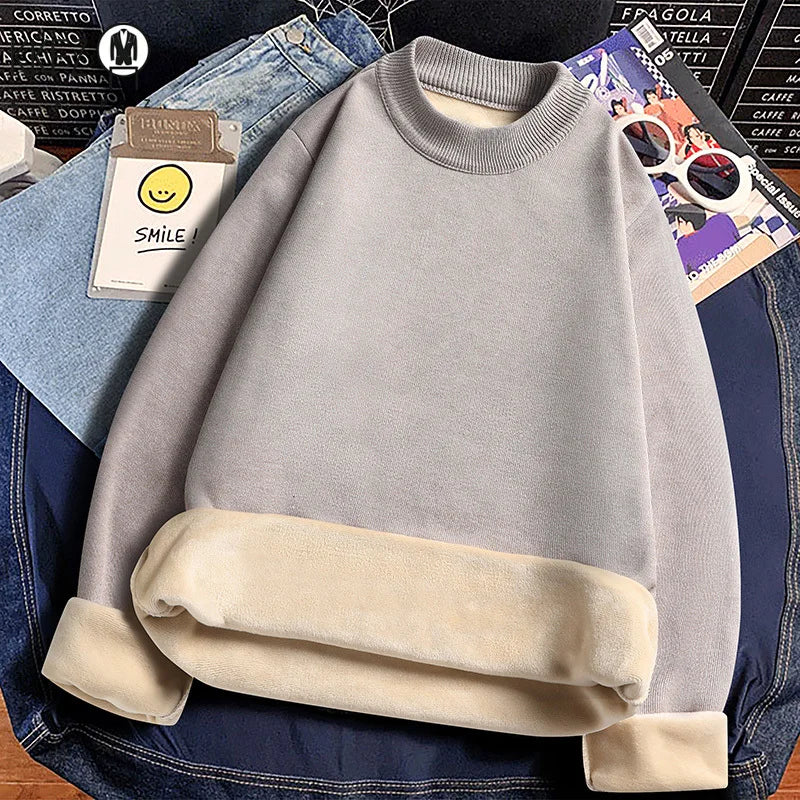 Male Everyday Wear Knitted Pullover Mock Collar Thick Fleece Lining Long Sleeve Warm Sweater For Chilly Weather