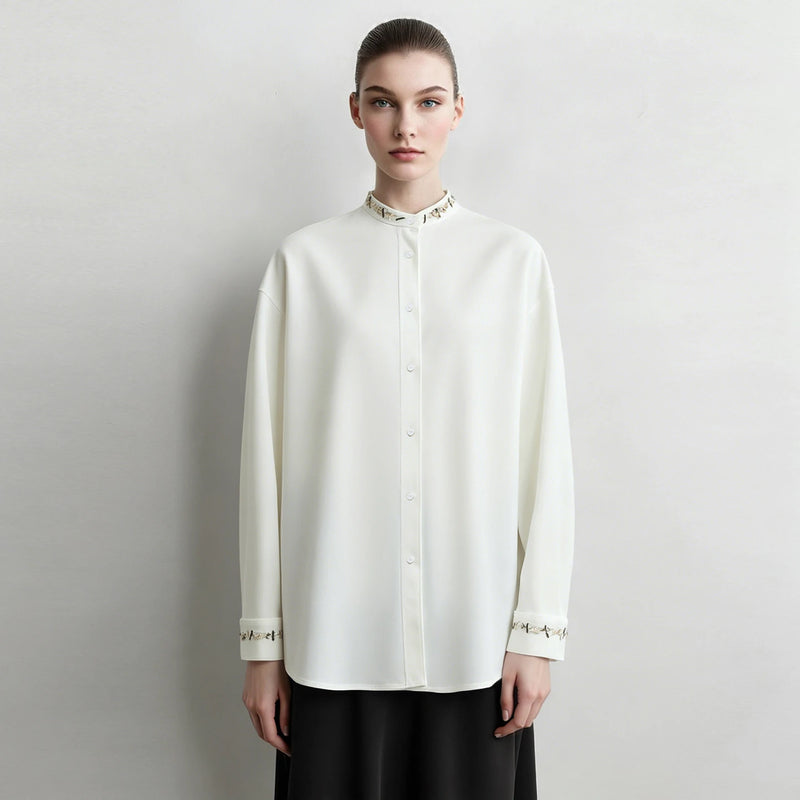 Amii Women Shirts 2026 Autumn New Loose-Fit Stand Collar Shirt Knitted Drop-Shoulder Long Sleeve Tops Casual Blouse 12623022