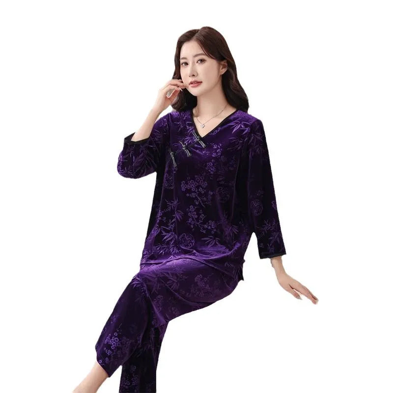 XL-6XL Plus Size Sleepwear For Sleeping Set New Gold Velvet Women's Pajamas Spring Autumn Printed Home Clothes Lounge Pijama