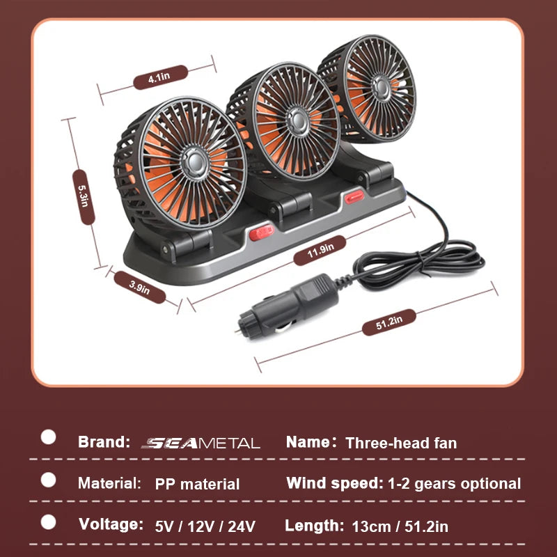 SEAMETAL Car Fan 360° Adjustable 3 Head Air Fan Automotive Electric Fan USB/12V/24V 2 Speeds Car Silent Fan for Car Home Office