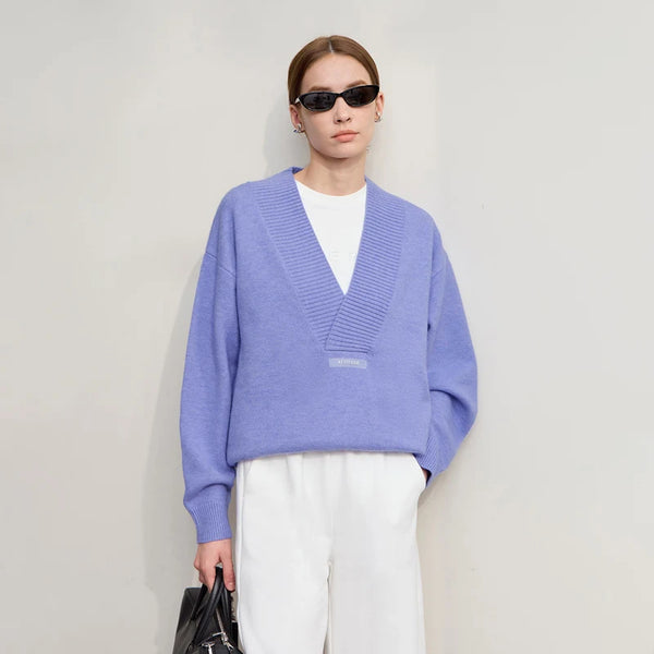 AMII Women's Sweater 2026 Winter New Minimalist Versatile V-Neck Loose Long Sleeve Knit Pullover Sweater Tops For Woman 12524084