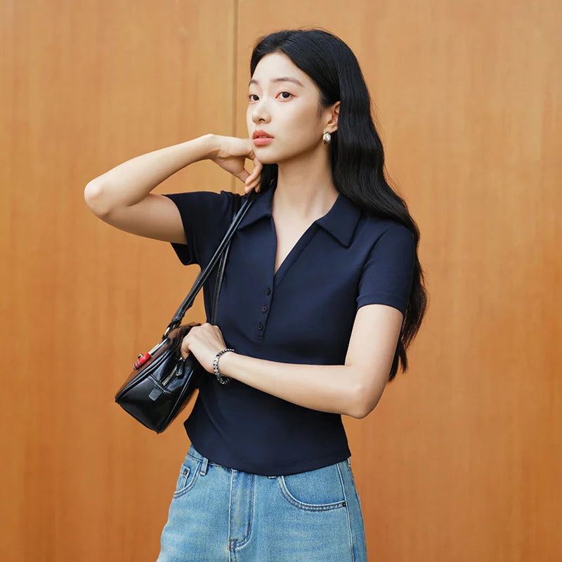 Semir Women Polo Shirt Short Length Ruched Slim Fit Standard Shoulder Cool Feeling 2026 Summer Temperament Versatile Fashion Top