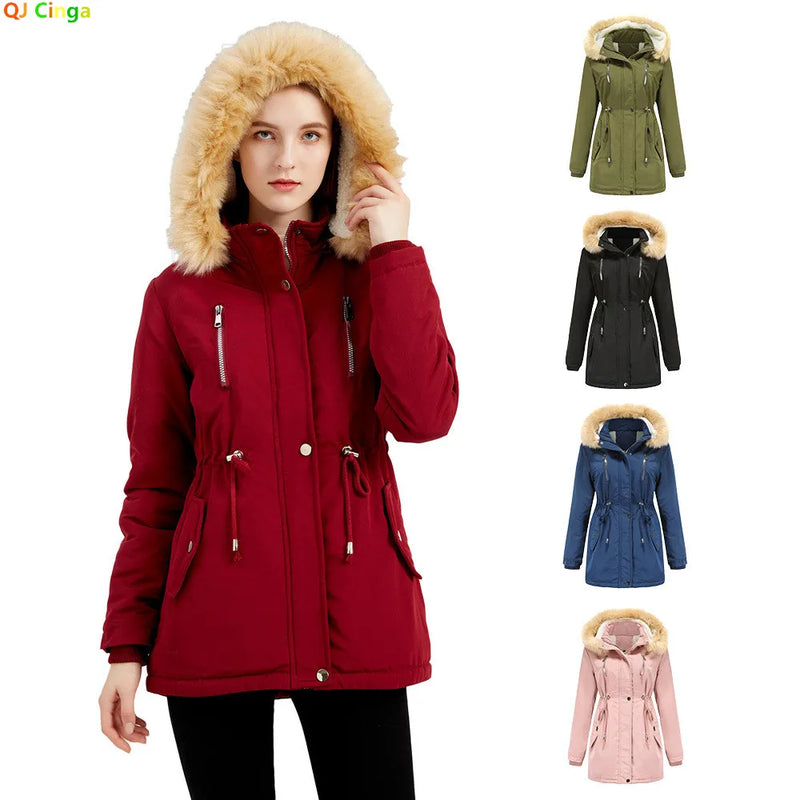 Winter New Arrival Women's Dark Brown Hooded Mid-Length Coat, Stylish and Warm Thick Jacket. Khaki, Black, Blue, Pink Parkas.