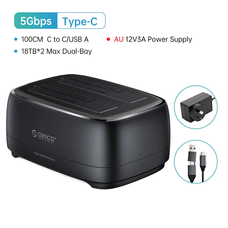 ORICO Dual-bay Hard Drive Station USB3.0 5Gbps Type-C HDD Docking Station  with 12V 3A Power Adapter  for 2.5/3.5 Inch HDD/SSD