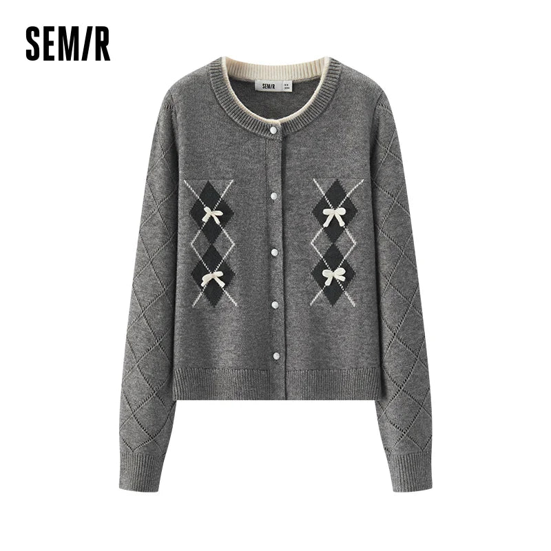 Semir Knitted Cardigan Women Winter Short Length Bow Argyle Fake Two-Piece 2025 New Sweater Girly Wool Sweater Women'S Wear