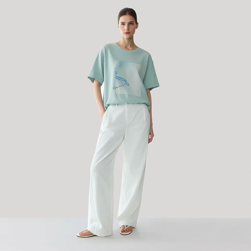 Amii T-shirt Women 2026 Summer New Printed Round Neck Cotton Tee Loose Casual Drop Shoulder Short Sleeve Tops Woman 12652008